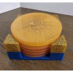 Vintage Lucite Resin Acrylic MCM Coaster Set With Holder Gold Flecks Blue